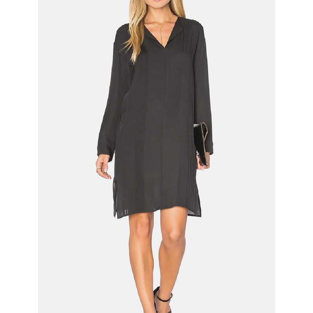 Vince Silk Pintuck Pleats Shift Dress Womens Size 4 Black V-Neck Long Sleeves